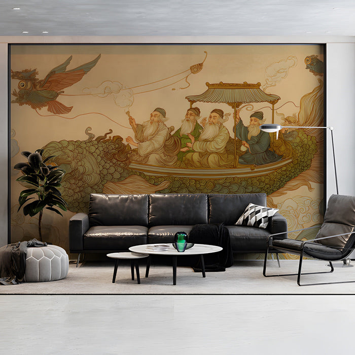 An imaginative home office setup highlighting the artistic narrative of the fish voyage mural.