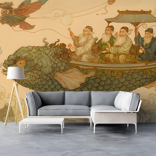 A sophisticated home library featuring the whimsical fish voyage mural behind a dark wood desk.