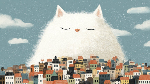 Whimsical mural wallpaper featuring a giant fluffy white cat sitting behind a miniature town in muted teal and earthy tones.