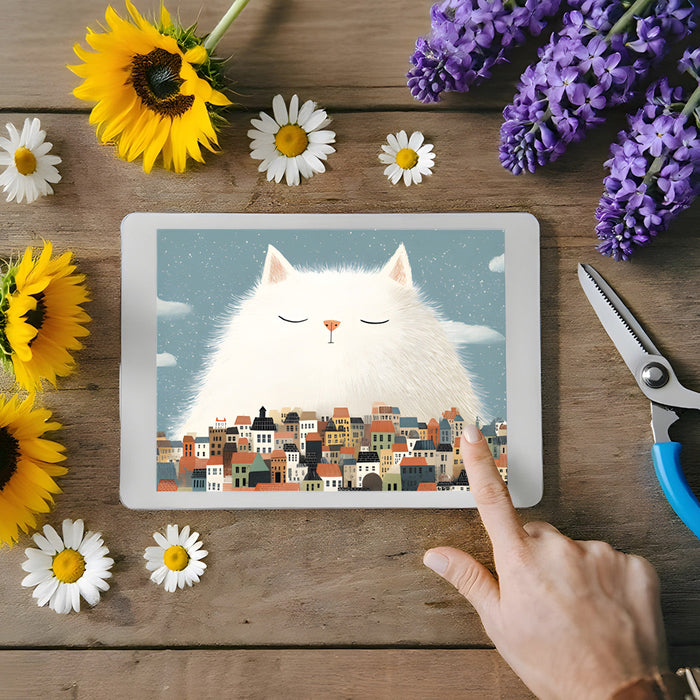 Charming mural featuring a cat and city scene styled in a cozy home office nook.