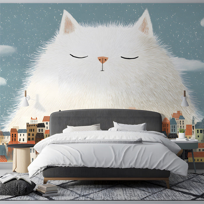 Giant fluffy cat illustration wallpaper used as a statement piece in a playful nursery interior.