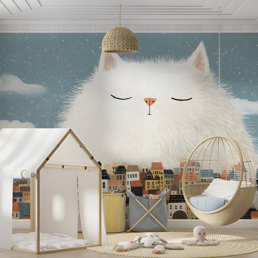 Whimsical cat wallpaper installed in a colorful kid’s bedroom with soft wooden furniture.
