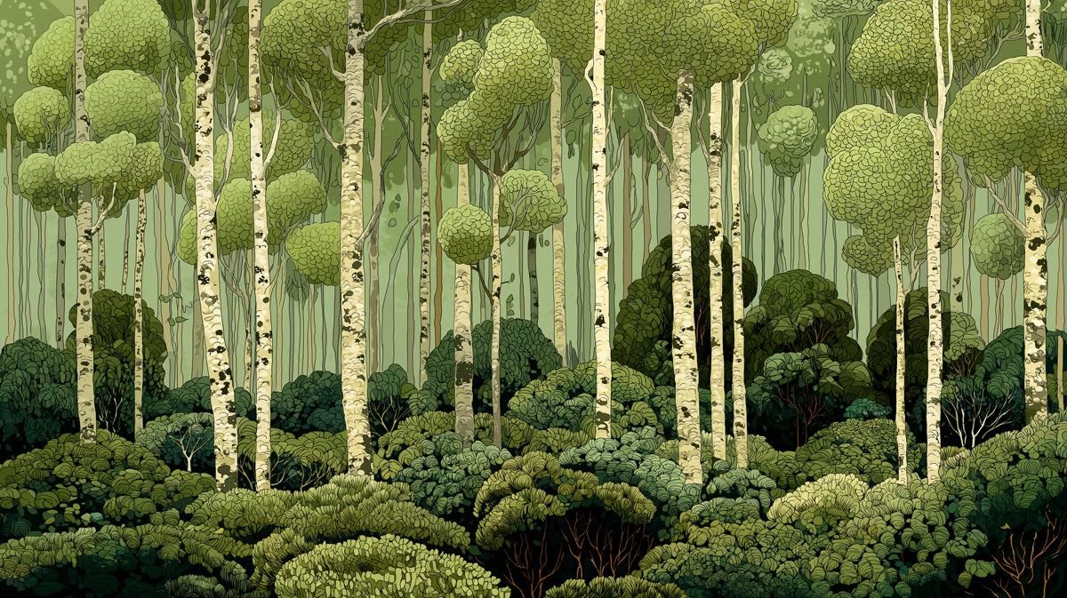 Illustrative forest wallpaper with tall birch trees and dense green foliage layers