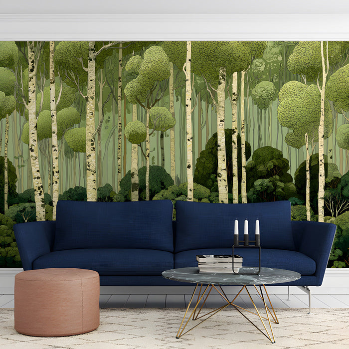 Detailed birch tree pattern in a peaceful reading room or library