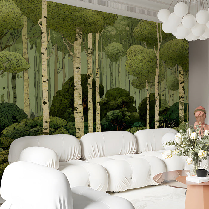 Birch forest mural installed in a serene living room with wooden furniture