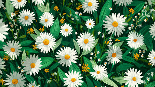 A repeating pattern of white daisies with yellow centers and green leaves on a dark forest green background.