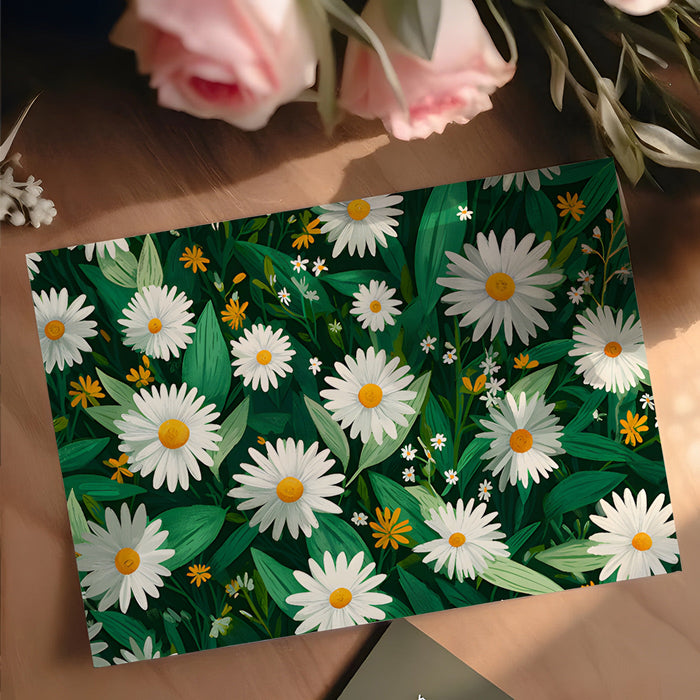 A cozy, light-filled bedroom with a daisy-themed mural wallpaper as a vibrant feature wall.