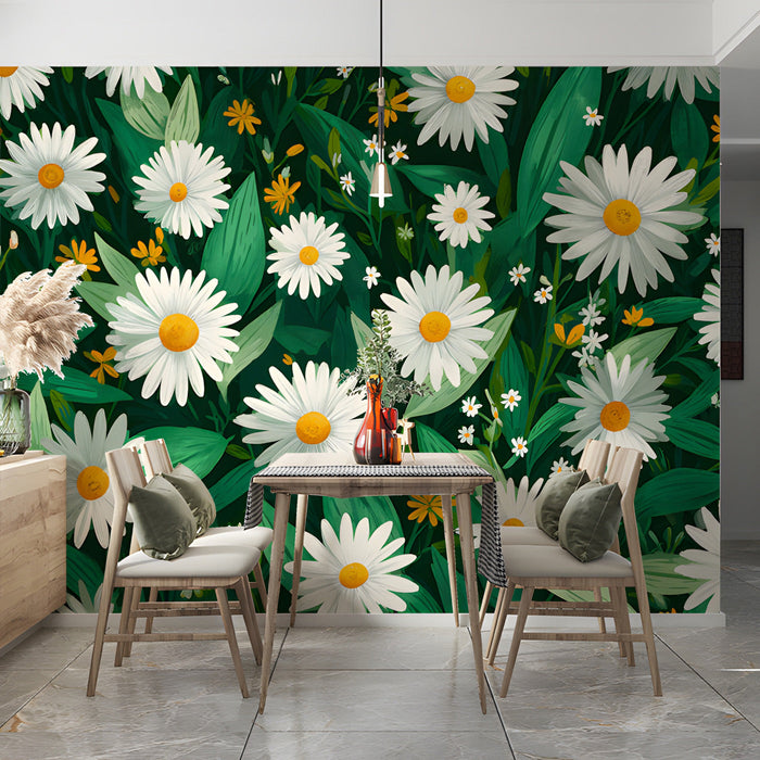 A sunroom or breakfast nook showcasing a playful, nature-inspired daisy mural wallpaper.