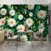 A sunroom or breakfast nook showcasing a playful, nature-inspired daisy mural wallpaper.