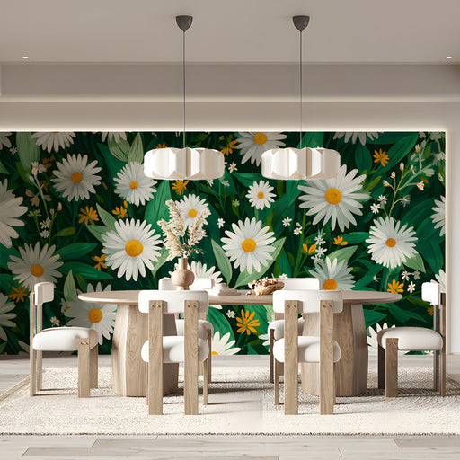 A bright meeting room featuring a daisy-patterned floral wallpaper mural above the countertop.