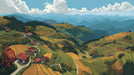 Graphic illustration of terraced rice fields with gold and green crops, red-roofed houses, and distant mountains.