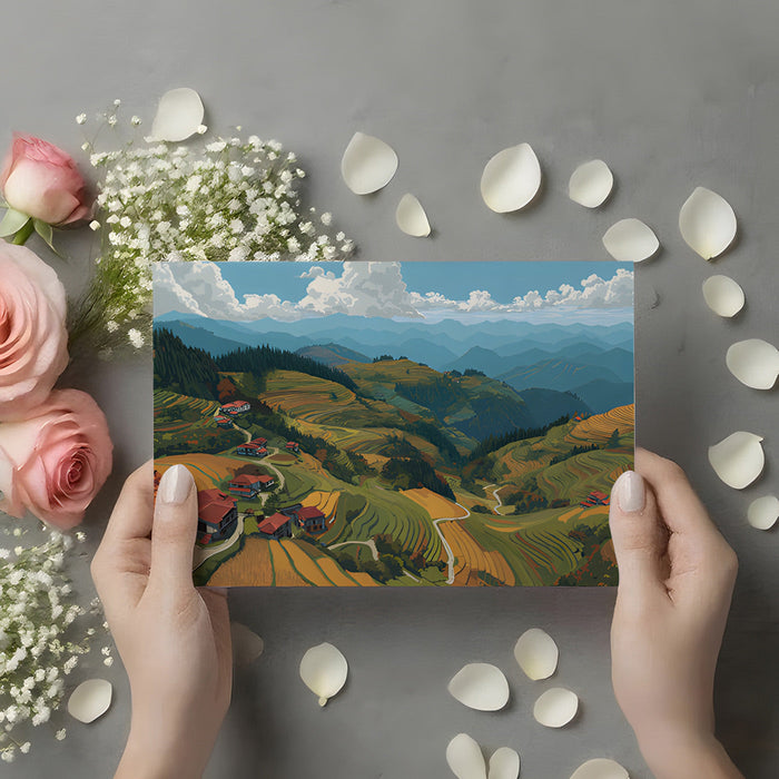 Scenic mountain landscape wallpaper displayed in a quiet home office with a wooden desk.
