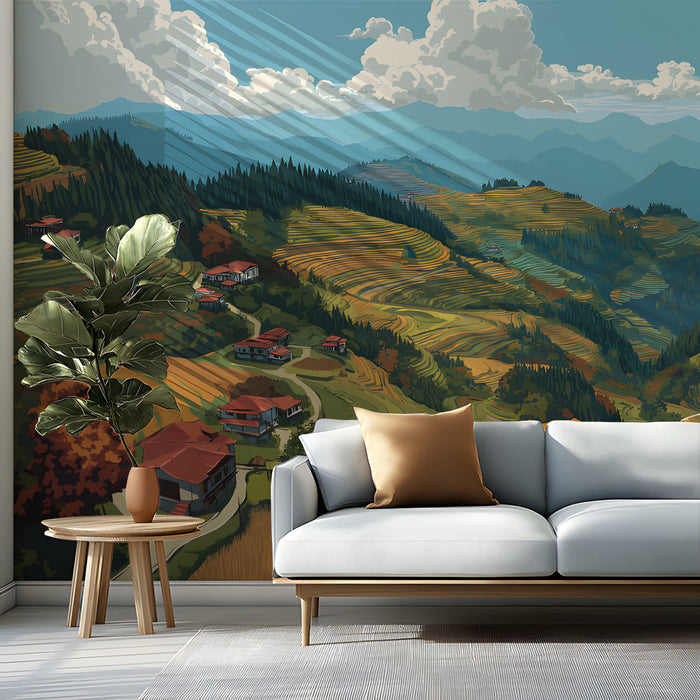 Artistic terraced landscape mural in a serene study with minimalist decor.