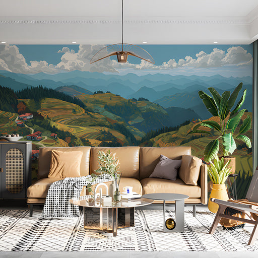 Panoramic rice terrace mural installed in a spacious living room with mid-century modern furniture.
