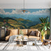 Panoramic rice terrace mural installed in a spacious living room with mid-century modern furniture.