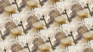 Chrysanthemum floral pattern in ochre yellow, cream, and taupe with swirling background motifs