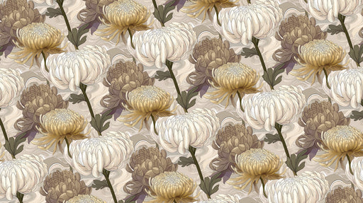 Chrysanthemum floral pattern in ochre yellow, cream, and taupe with swirling background motifs