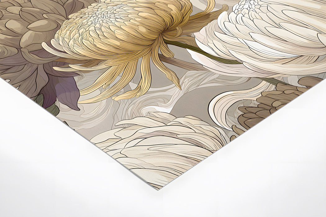 Bright living room styled with elegant chrysanthemum wall mural and organic furniture