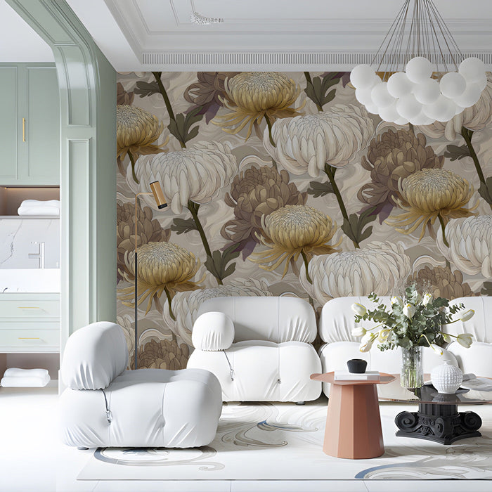 Cozy home office interior with a refined botanical wallpaper backdrop