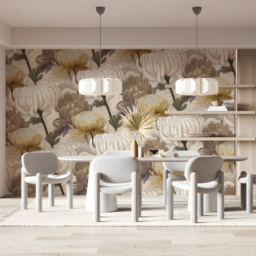 Modern meeting room featuring floral wallpaper as a soft, neutral statement wall