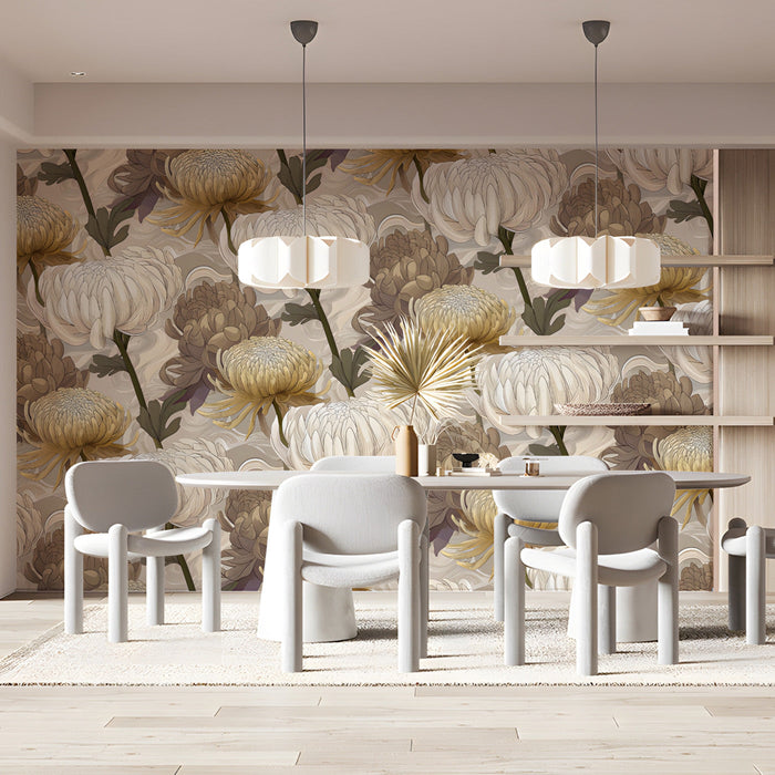 Modern meeting room featuring floral wallpaper as a soft, neutral statement wall