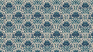Ornate damask wallpaper pattern featuring dense navy blue and charcoal floral motifs on a light cream background.