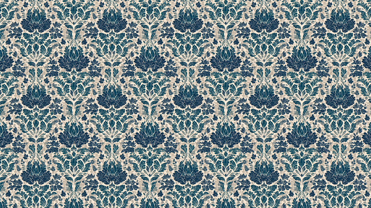 Ornate damask wallpaper pattern featuring dense navy blue and charcoal floral motifs on a light cream background.
