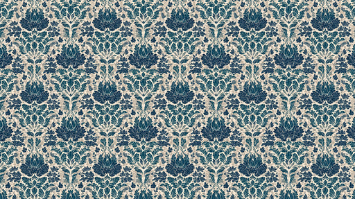 Ornate damask wallpaper pattern featuring dense navy blue and charcoal floral motifs on a light cream background.
