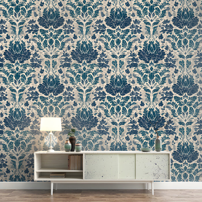 A grand, elegant entryway featuring a traditional damask mural wallpaper in blue and white tones.