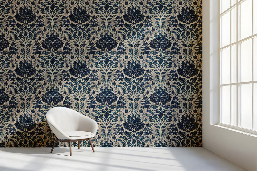 A sophisticated study featuring the navy and cream damask mural wallpaper on a main accent wall.