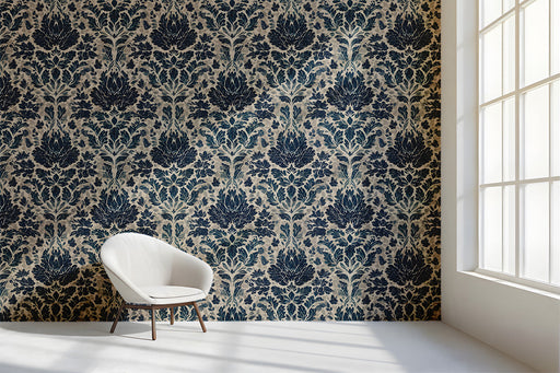 A sophisticated study featuring the navy and cream damask mural wallpaper on a main accent wall.