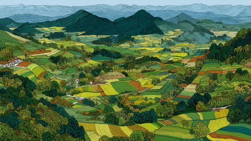 Hand-drawn landscape wallpaper with rolling green hills, mustard fields, and blue-tinted mountains in sketch style