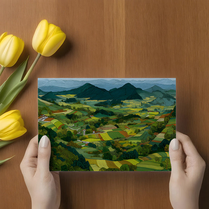 Scenic hills mural in a cozy library setting with warm ambient lighting and leather armchair