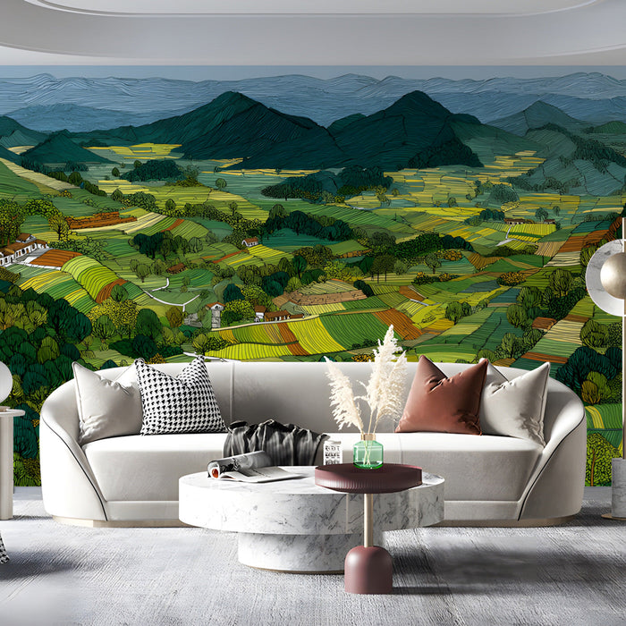 Artistic panoramic wall covering in a living room featuring stylized nature illustrations and rolling fields