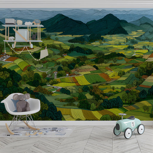 Detailed landscape mural installed on the feature wall of a modern home office with wood desk