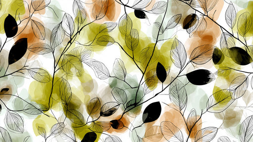 Abstract botanical wallpaper featuring black ink-sketched leaves overlaid on watercolor washes of olive green and ochre yellow.