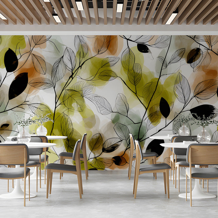 Minimalist  cafe design with an earthy watercolor and line-art leaf mural wallpaper.