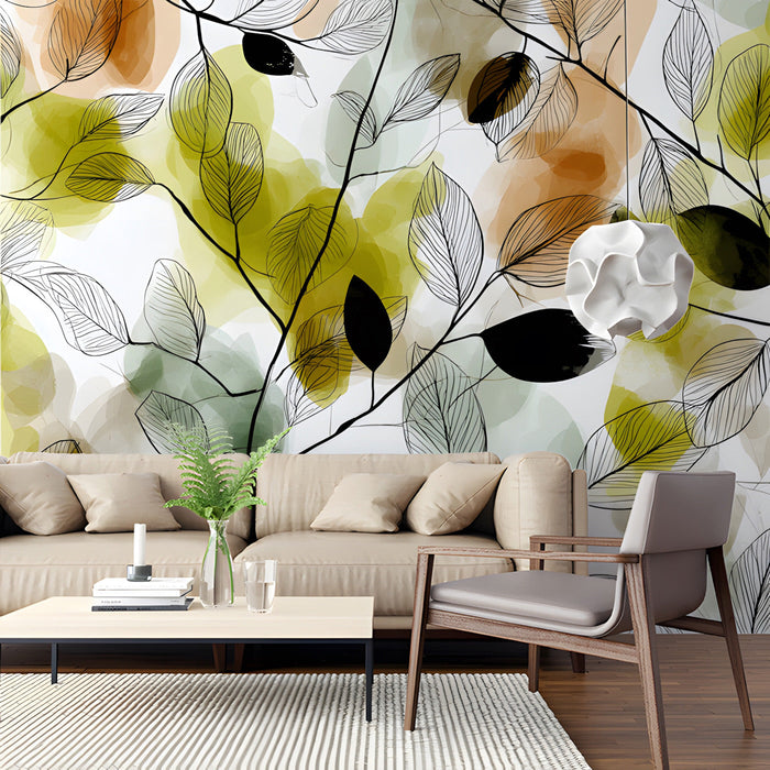 Modern living room featuring an abstract leaf mural wallpaper behind a light oak table.