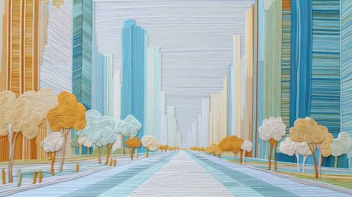 Abstract cityscape wallpaper featuring textured line art in blue, yellow, and cream.