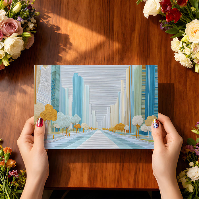 Textured urban skyline wallpaper featured as a light, airy accent in a living room.