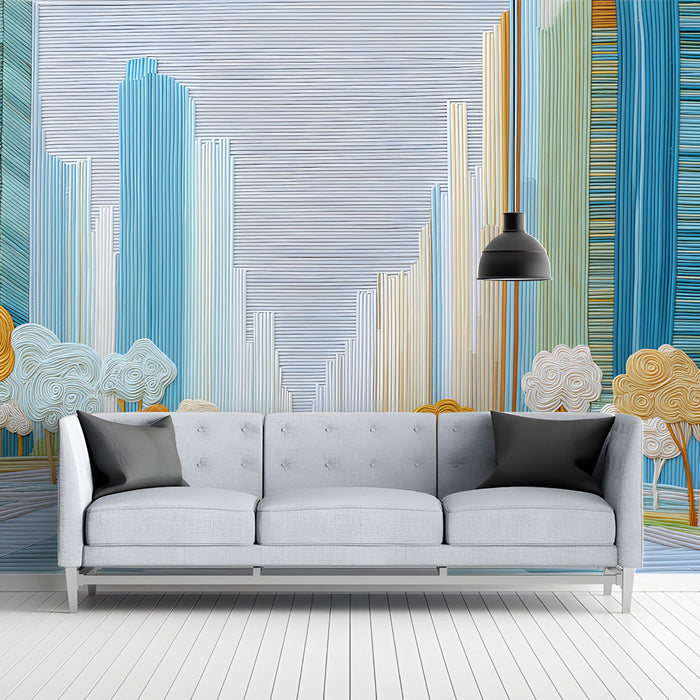 Geometric city mural in a bright, contemporary dining room setting.