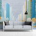 Geometric city mural in a bright, contemporary dining room setting.