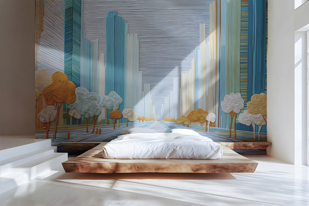 Cityscape mural installed in a modern bedroom with minimalist wooden furniture.