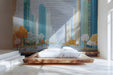 Cityscape mural installed in a modern bedroom with minimalist wooden furniture.