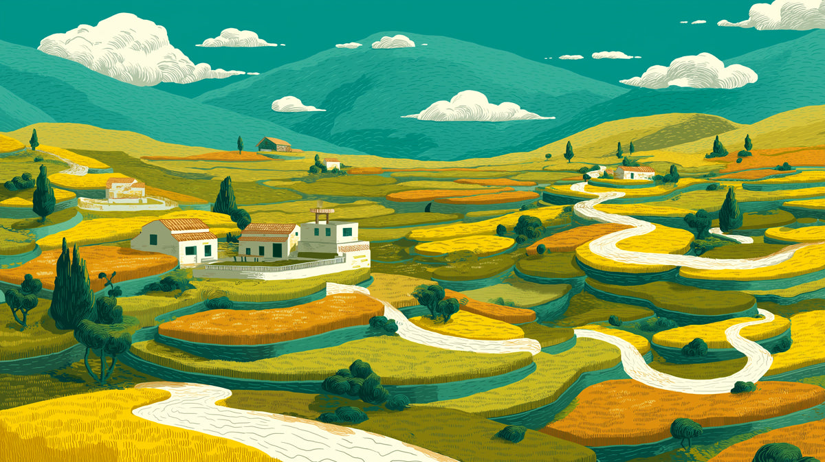 A vibrant landscape mural featuring terraced fields in ochre yellow, forest green, and burnt orange with winding white paths.