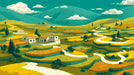 A vibrant landscape mural featuring terraced fields in ochre yellow, forest green, and burnt orange with winding white paths.
