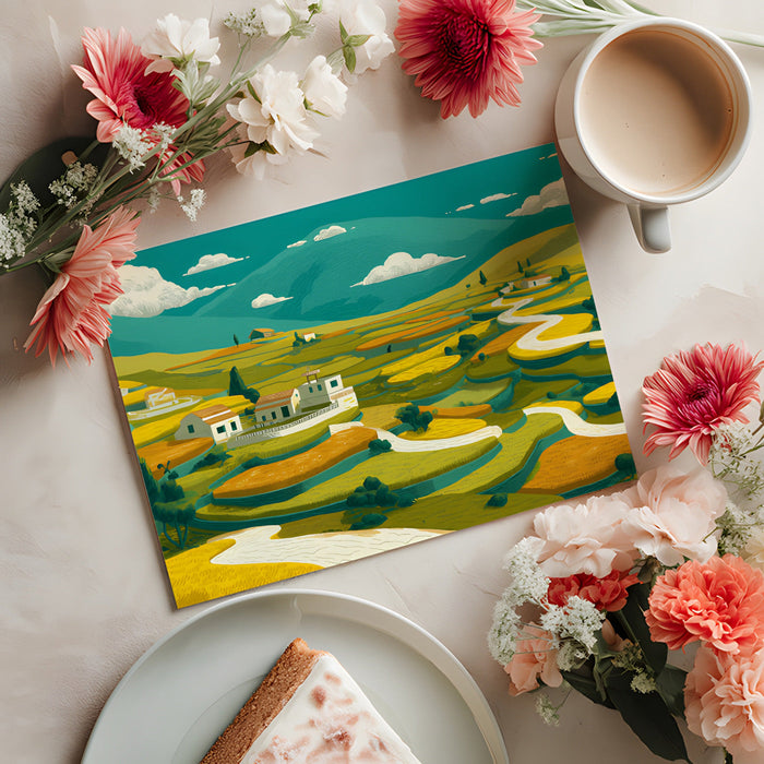 A bright, cheerful dining room wall adorned with a Mediterranean terraced hillside mural pattern.