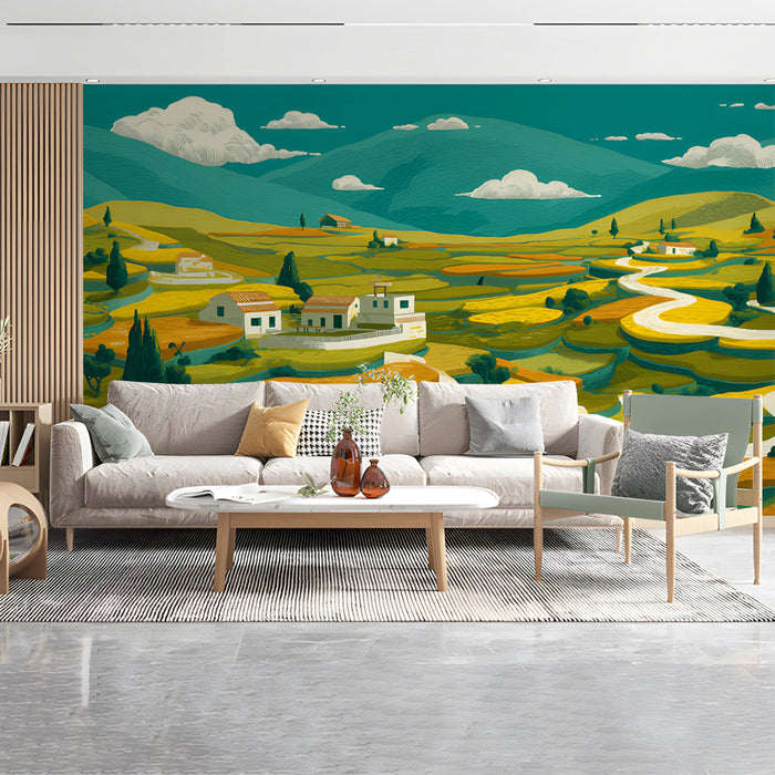An inspiring home office space featuring the artistic, vibrant valley landscape wallpaper as a backdrop.