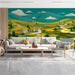 An inspiring home office space featuring the artistic, vibrant valley landscape wallpaper as a backdrop.