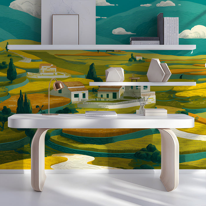 The landscape mural installed on a large living room feature wall behind a mid-century modern sofa.